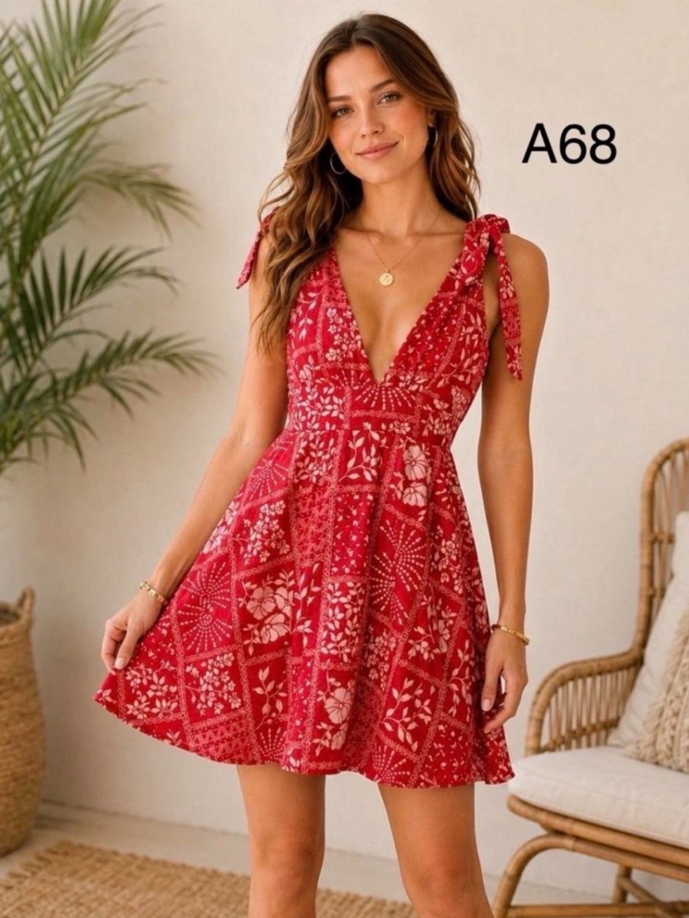 House of Harlow 1960 Red Floral Tie-Shoulder Mini Dress
